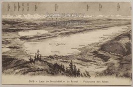 Switzerland Lake Neuchatel-Morat Alps Panorama / Map, c1910s Vintage Postcard - £5.68 GBP