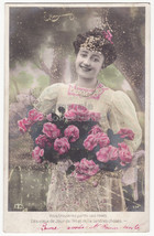 Beautiful Edwardian Woman Offers Bunch of Roses 1907 real photo vintage postcard - £3.06 GBP