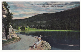 Denver CO ~ Fishing on Echo Lake ~Road &amp; Lodge View 1940s vintage postcard - £2.75 GBP