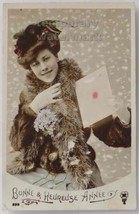 Beautiful Woman In SNOW- New Year Greetings c1910s Vintage Real Photo Postcard - £3.88 GBP