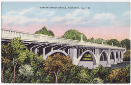 ROCKFORD IL, Morgan Street Bridge c1930s-40s linen vintage postcard - $3.50