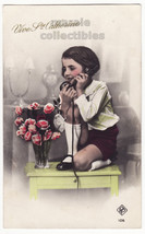 Little Girl Talking on Telephone c1920s Children tinted real photo postcard RPPC - £4.71 GBP