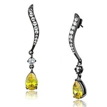 Gunmetal Black Plated Stainless Steel Canary Yellow Pear Cut CZ Dangle E... - £15.91 GBP