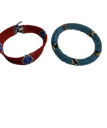 Lot of 2 Native American Style Hand Beaded Bracelets Red Geometric &amp; Blu... - $19.99