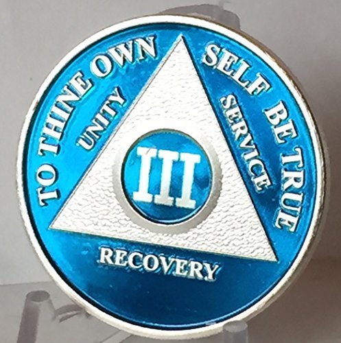 Blue Silver Plated 3 Year AA Alcoholics Anonymous Medallion Sobriety Chip Rec...