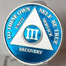 Blue Silver Plated 3 Year AA Alcoholics Anonymous Medallion Sobriety Chip Rec... - £14.78 GBP