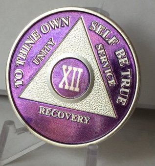 Purple & Silver Plated 12 Year AA Alcoholics Anonymous Medallion Chip Twelve ...