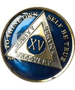 15 Year Midnight Blue AA Medallion Sobriety Chip Tri Plate Gold &amp; Nickel - £14.22 GBP