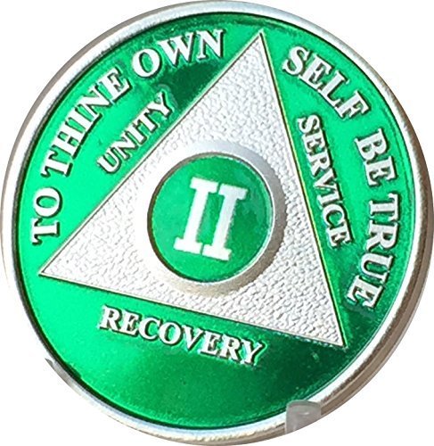 Green & Silver Plated 2 Year AA Alcoholics Anonymous Medallion Sobriety Chip