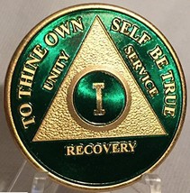 Green &amp; Gold Plated 10 Year Custom AA Alcoholics Anonymous Medallion Chip Ten - £14.44 GBP