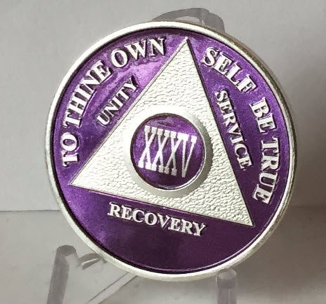 Purple & Silver Plated 35 Year AA Alcoholics Anonymous Medallion Chip Vinyl P...
