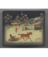 Antique Hand Painted Small Lacquerware Jewelry Box Christmas Scene 3 1/2... - £27.33 GBP
