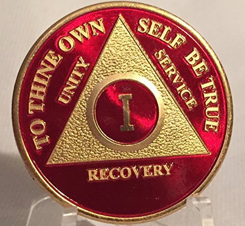 Red Gold Plated AA Alcoholics Anonymous Anniversary One or 1 Year Medallion Chip