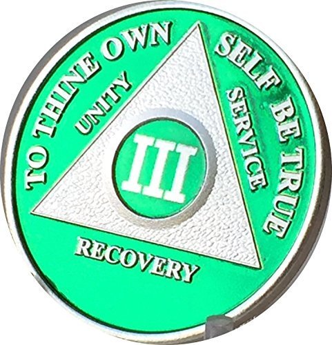 3 Year Green & Silver Plated AA Alcoholics Anonymous Medallion Sobriety Chip