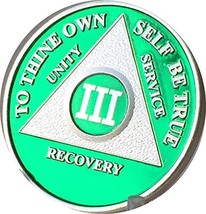 3 Year Green &amp; Silver Plated AA Alcoholics Anonymous Medallion Sobriety Chip - £14.78 GBP