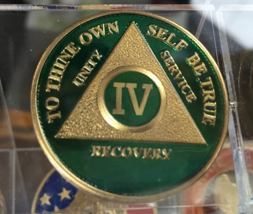 Green & Gold Plated 4 Year Custom AA Alcoholics Anonymous Medallion Chip Four