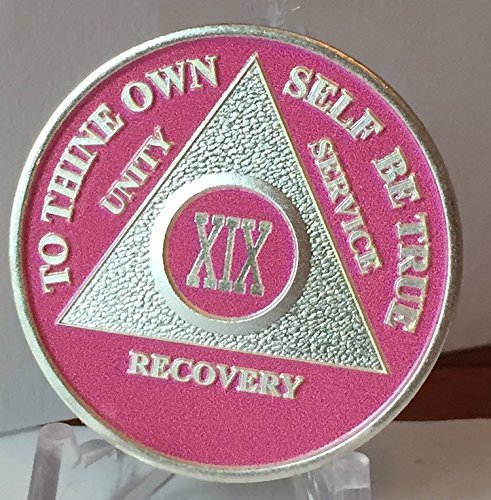Pink & Silver Plated 19 Year AA Alcoholics Anonymous Sobriety Medallion Chip ...