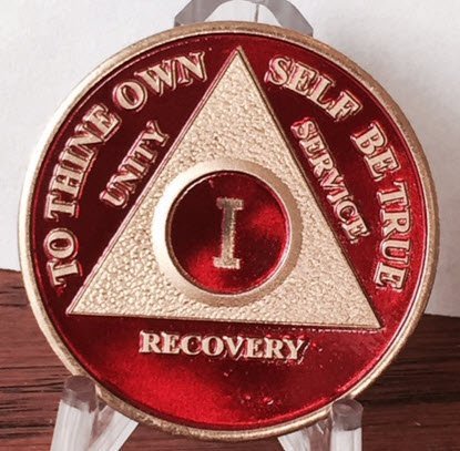 Red Gold Plated AA Alcoholics Anonymous Anniversary Two or 2 Year Medallion Chip