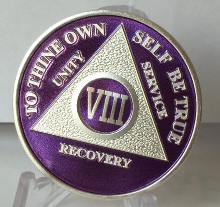 Purple & Silver Plated 8 Year AA Alcoholics Anonymous Medallion Chip Eight Ye...