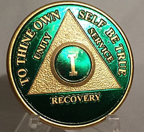 Green & Gold Plated 15 Year Custom AA Alcoholics Anonymous Medallion Chip