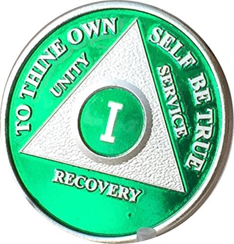 1 Year Green & Silver Plated AA Alcoholics Anonymous Sobriety Medallion Chip