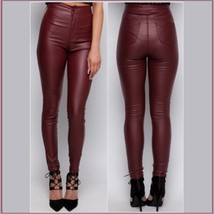 Wine Red Faux Leather High Waist Open Fly Skinny Stretch Pants with Back... - $68.95