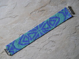 Bracelet: Turquoise &amp; Dark Blue Mandala, Peyote Stitch, Tube Clasp - £30.81 GBP