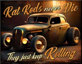 Hot Rod Garage Rat Rods Never Die 30&#39;s Retro Muscle Car Wall Decor Metal Sign - £17.50 GBP