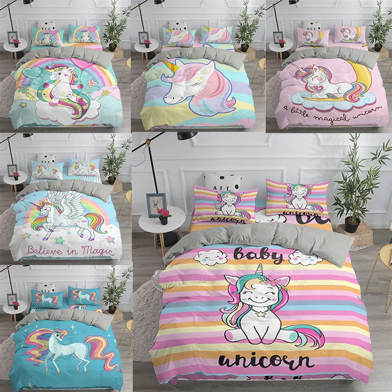 Children 3d cute unicorn cartoon bedding set twin single sizes 2 3 pcs bed linen with thumb200
