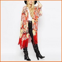 Avante Garde Red Tassel Hem Loose Sleeved Color Floral Chiffon Kimono Cardigan 
