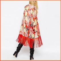 Avante Garde Red Tassel Hem Loose Sleeved Color Floral Chiffon Kimono Cardigan  image 2