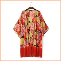 Avante Garde Red Tassel Hem Loose Sleeved Color Floral Chiffon Kimono Cardigan  image 3