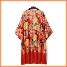 Avante Garde Red Tassel Hem Loose Sleeved Color Floral Chiffon Kimono Cardigan  image 4