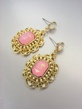 GORGEOUS Downton Abbey Style Pink Aventurine Gold White Opal Crystals Earrings - $12.99