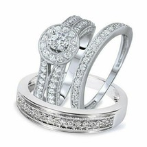 1.50 CT Simulated Diamond Matching Trio Wedding Ring Set 14K White Gold Plated - £140.36 GBP