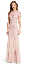 Adrianna Papell Blush Beaded Godet Gown with Sheer short Sleeve   Petites  12 - £217.62 GBP
