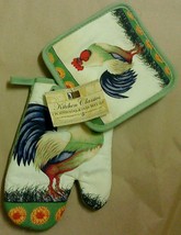 2-pc Kitchen Set Pot Holders Oven Mitt Rooster Green - £3.92 GBP