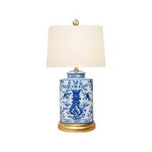 Blue and White Floral Motif Porcelain Tea Caddy Gold Stand Table Lamp 21&quot; - £160.76 GBP
