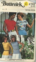 1970s Vintage Pattern - Misses T-shirts Butterick 4762 - 70s T-Shirt Uncut Sz 8 - £3.19 GBP