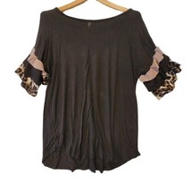 Celeste Brown Blouse Leopard Print Sleeve Size Medium USA Made - £12.21 GBP