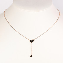 Rose Tone Heart Pendant Necklace, Dangling Charm with Jet Black Inlay - $24.99