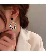 Retro Black White Stripe Circle Drop Earrings, Gold Tone - $18.99