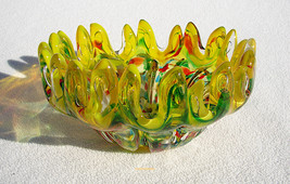 JiCo Mosaic Free Formed Venetian Glass Ashtray 6 1/4&quot; Yellow Multicolor 1960s - $89.99