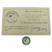 1920s Seckatary Hawkins Club Fair &amp; Square Celluloid Pin Button &amp; Member Card - £15.79 GBP