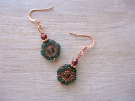 Deep Green Czech Glass Flower and Plated Glass Bead Rose Gold Tone Earrings - £6.09 GBP