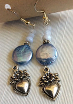 Silver plate Blue Lace Agate &amp; coin Pearl Heart charm long dangle earrings - £31.05 GBP