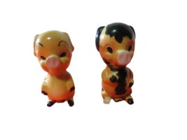 Vtg Little Piggies Salt And Pepper Shakers Boy Girl Porcelain Cork Plugs... - $9.90