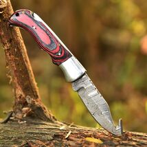 Custom Handmade Damascus Steel Gut-Hook folding Blade Pocket knife - Loc... - $23.72