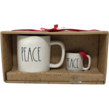 NIB Rae Dunn Set of 2 Peace Coffee Mugs Regular &amp; Mini Christmas Holiday White  - £41.36 GBP