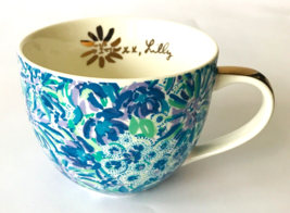 Lilly Pulitzer Coffee Mug Lion Around Blue Green Floral w/ Hidden Cats Gold Trim - £18.90 GBP